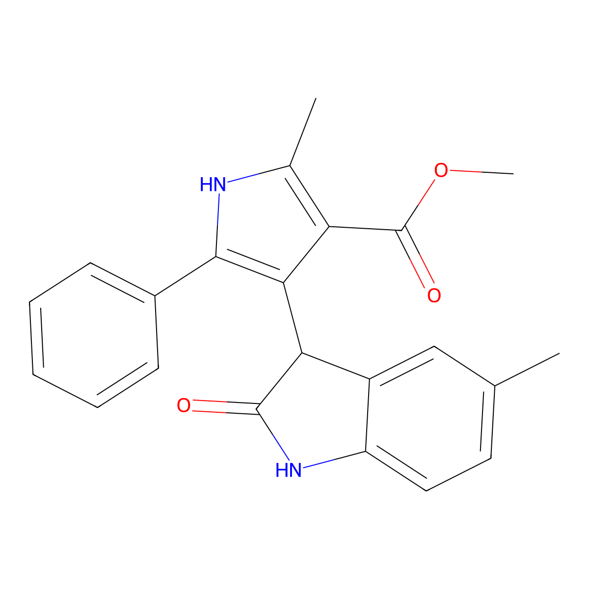 methyl 2-methyl-4-(5-methyl-2-oxo-2,3-dihydro-1H-indol-3-yl)-5-phenyl-1H-pyrrole-3-carboxylate molecular structure, CAS 1190277-32-7