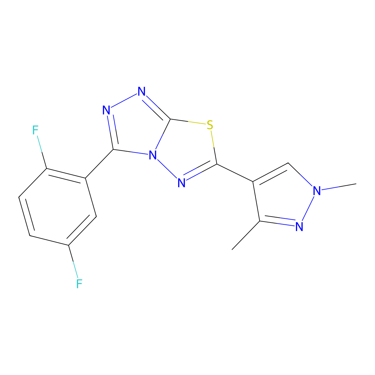 3-(2,5-difluorophenyl)-6-(1,3-dimethyl-1H-pyrazol-4-yl)[1,2,4]triazolo[3,4-b][1,3,4]thiadiazole molecular structure, CAS 1190278-00-2