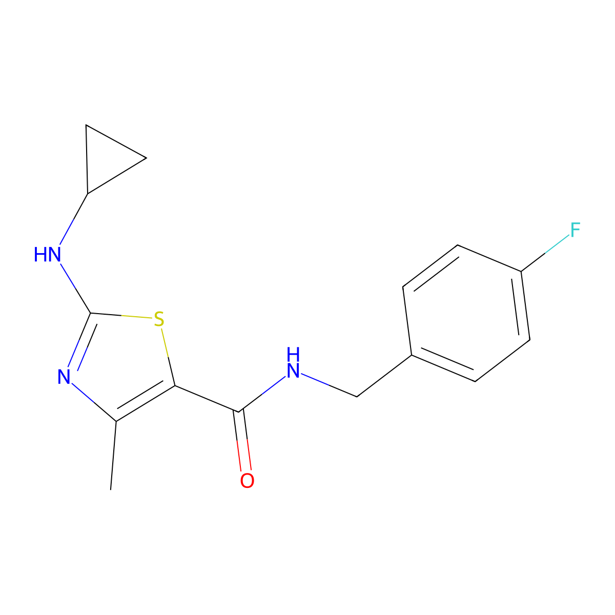 2-(cyclopropylamino)-N-(4-fluorobenzyl)-4-methyl-1,3-thiazole-5-carboxamide molecular structure, CAS 1190278-44-4