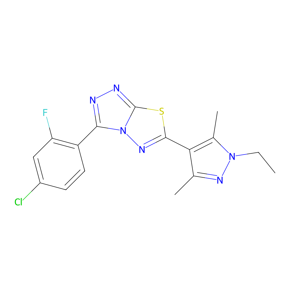 3-(4-chloro-2-fluorophenyl)-6-(1-ethyl-3,5-dimethyl-1H-pyrazol-4-yl)[1,2,4]triazolo[3,4-b][1,3,4]thiadiazole molecular structure, CAS 1190278-47-7