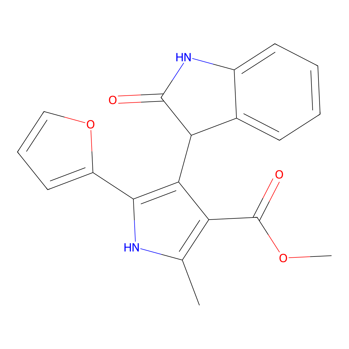 methyl 5-(furan-2-yl)-2-methyl-4-(2-oxo-2,3-dihydro-1H-indol-3-yl)-1H-pyrrole-3-carboxylate molecular structure, CAS 1190279-60-7