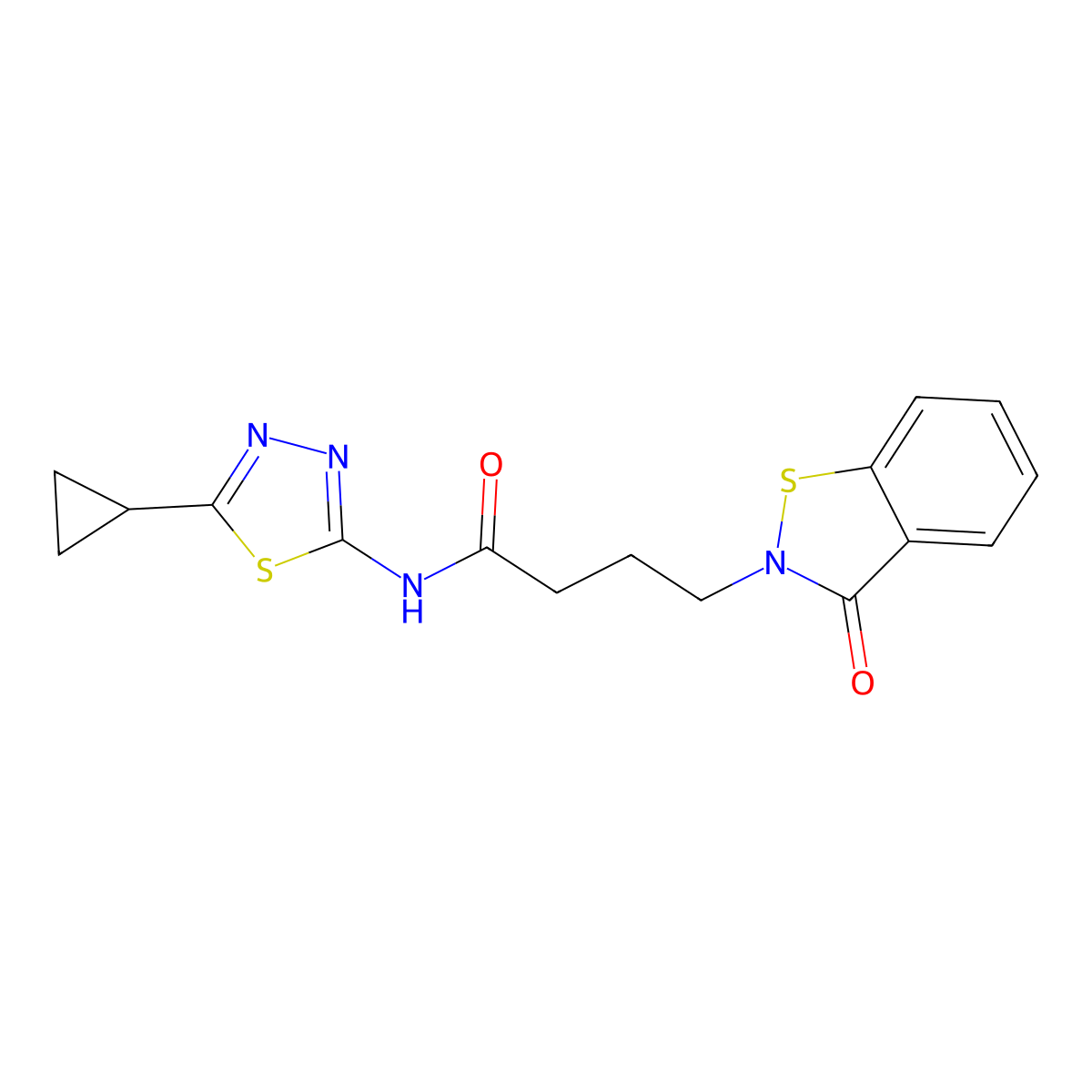 N-[(2Z)-5-cyclopropyl-1,3,4-thiadiazol-2(3H)-ylidene]-4-(3-oxo-1,2-benzothiazol-2(3H)-yl)butanamide molecular structure, CAS 1190279-65-2