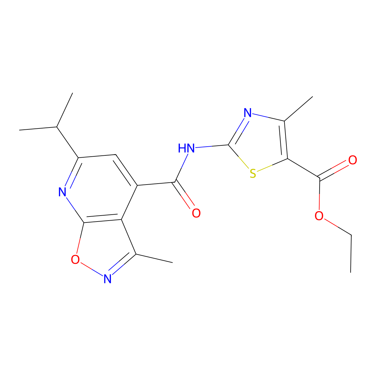 Ethyl 4-methyl-2-({[3-methyl-6-(propan-2-yl)[1,2]oxazolo[5,4-b]pyridin-4-yl]carbonyl}amino)-1,3-thiazole-5-carboxylate molecular structure, CAS 1190279-92-5