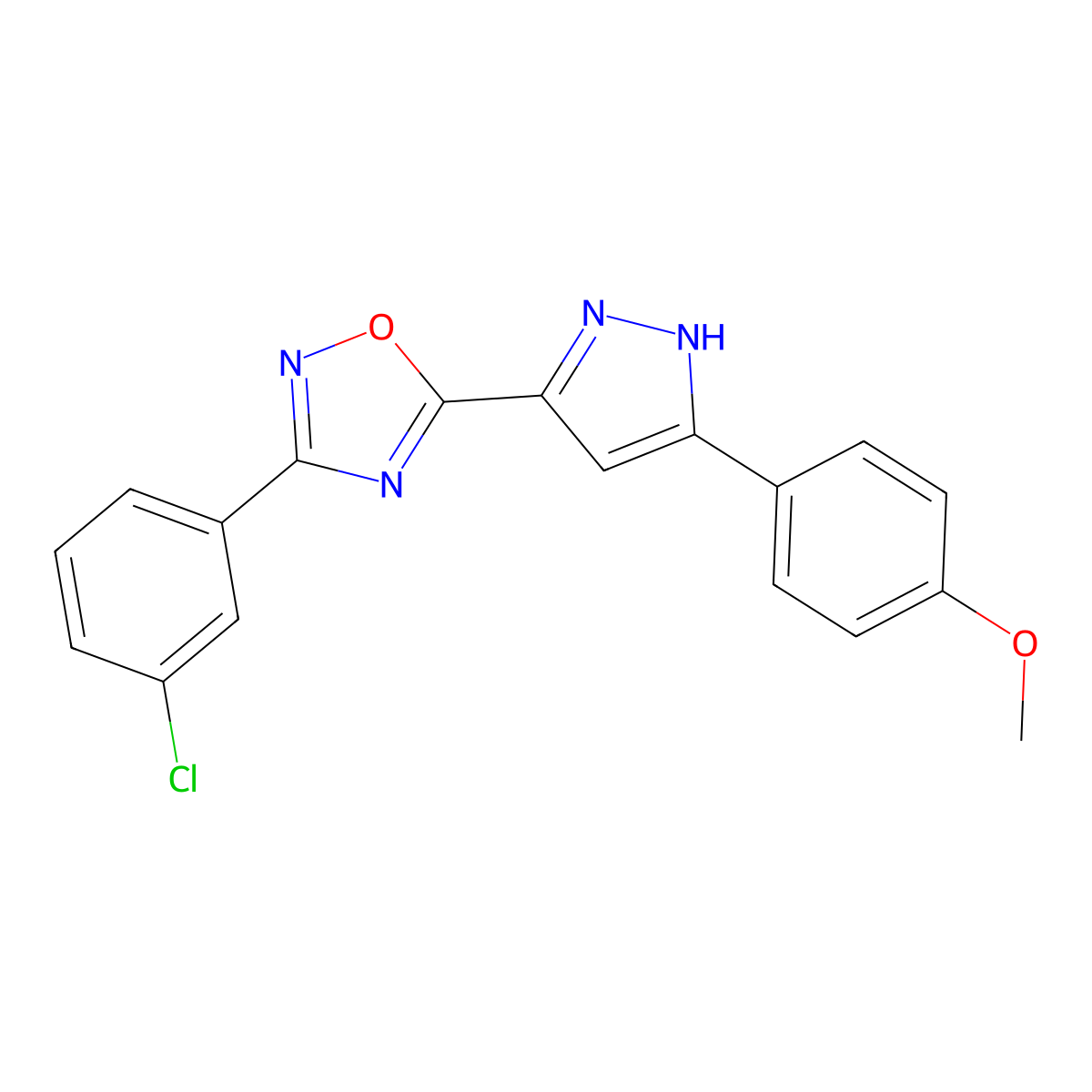 3-(3-chlorophenyl)-5-(3-(4-methoxyphenyl)-1H-pyrazol-5-yl)-1,2,4-oxadiazole molecular structure, CAS 1190280-45-5