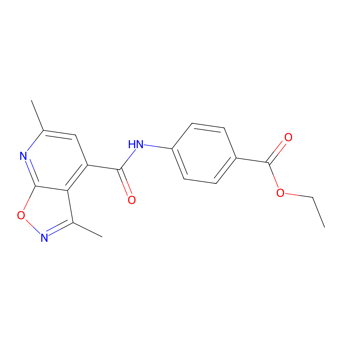 Ethyl 4-{[(3,6-dimethyl[1,2]oxazolo[5,4-b]pyridin-4-yl)carbonyl]amino}benzoate molecular structure, CAS 1190281-57-2