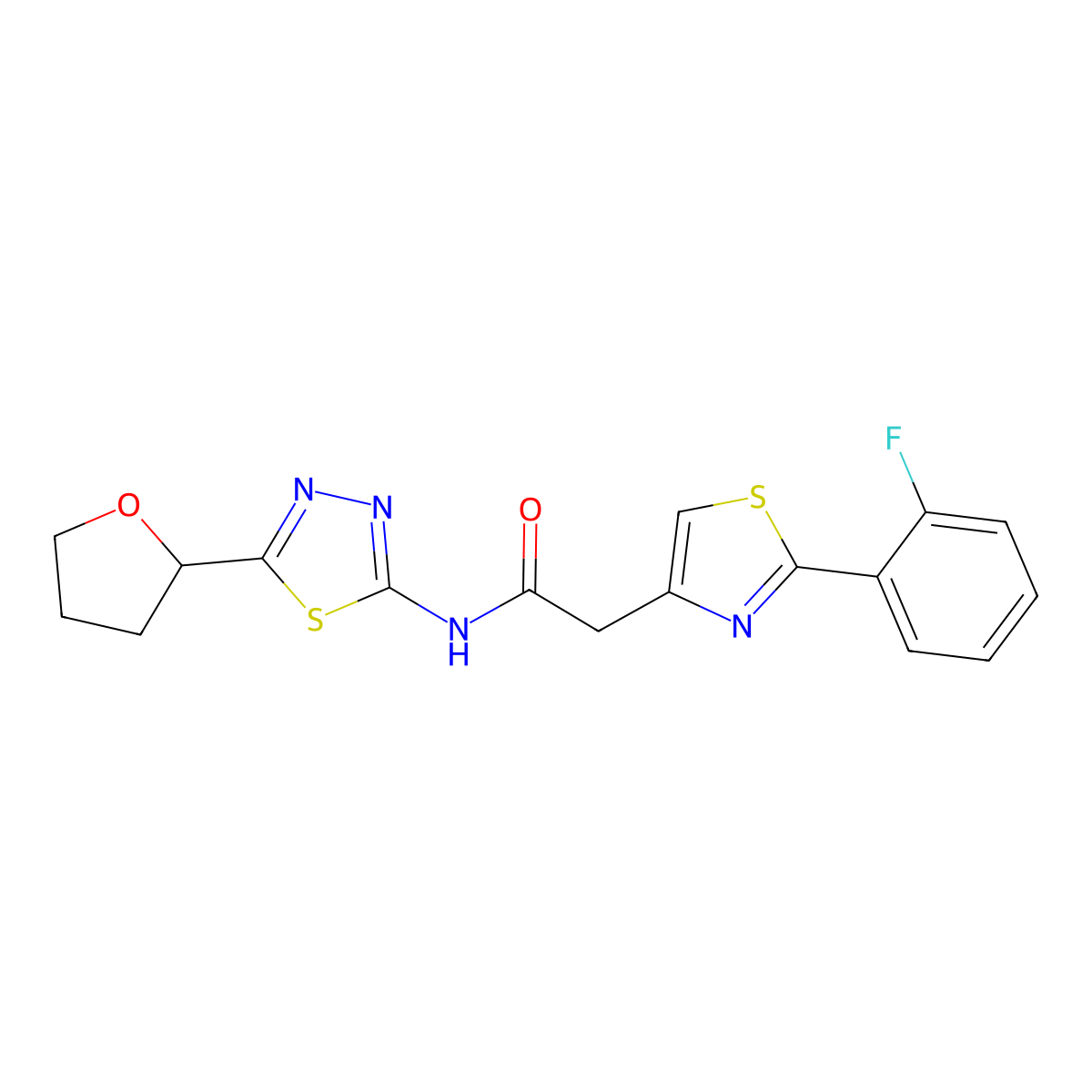 2-[2-(2-fluorophenyl)-1,3-thiazol-4-yl]-N-[(2E)-5-(tetrahydrofuran-2-yl)-1,3,4-thiadiazol-2(3H)-ylidene]acetamide molecular structure, CAS 1190282-74-6