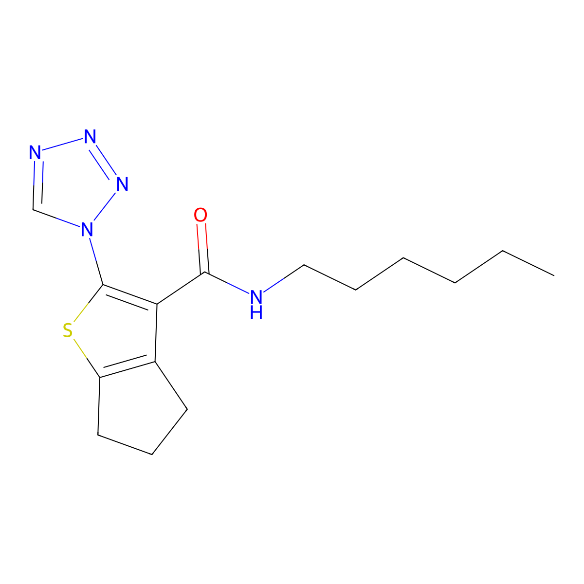 N-hexyl-2-(1H-tetrazol-1-yl)-5,6-dihydro-4H-cyclopenta[b]thiophene-3-carboxamide molecular structure, CAS 1190283-40-9