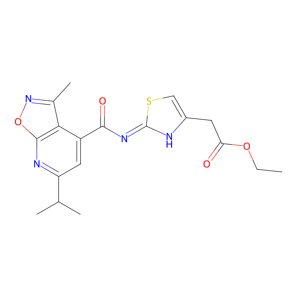 Ethyl [2-({[3-methyl-6-(propan-2-yl)[1,2]oxazolo[5,4-b]pyridin-4-yl]carbonyl}amino)-1,3-thiazol-4-yl]acetate molecular structure, CAS 1190283-57-8