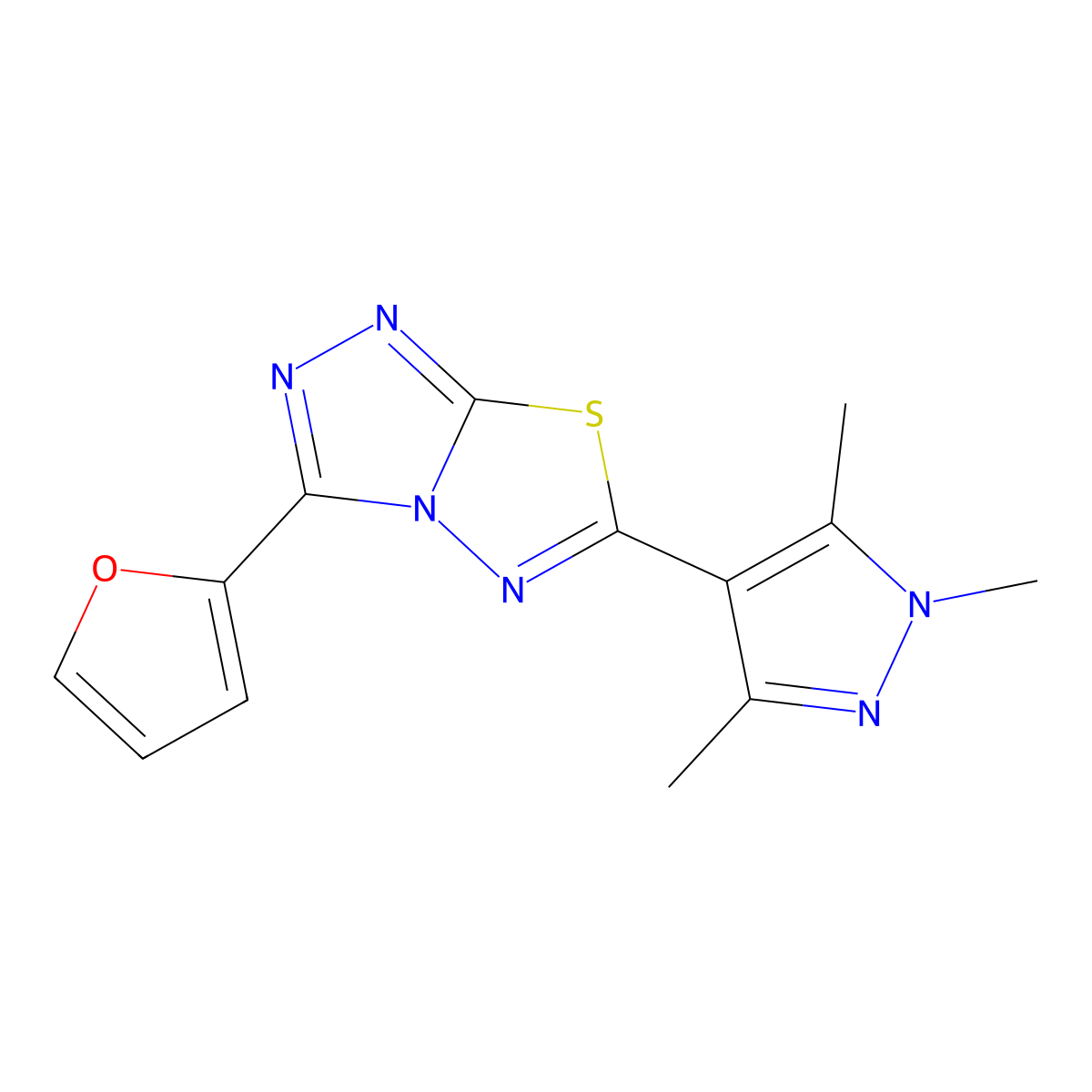 4-[3-(Furan-2-yl)-[1,2,4]triazolo[3,4-b][1,3,4]thiadiazol-6-yl]-1,3,5-trimethyl-1H-pyrazole molecular structure, CAS 1190284-53-7