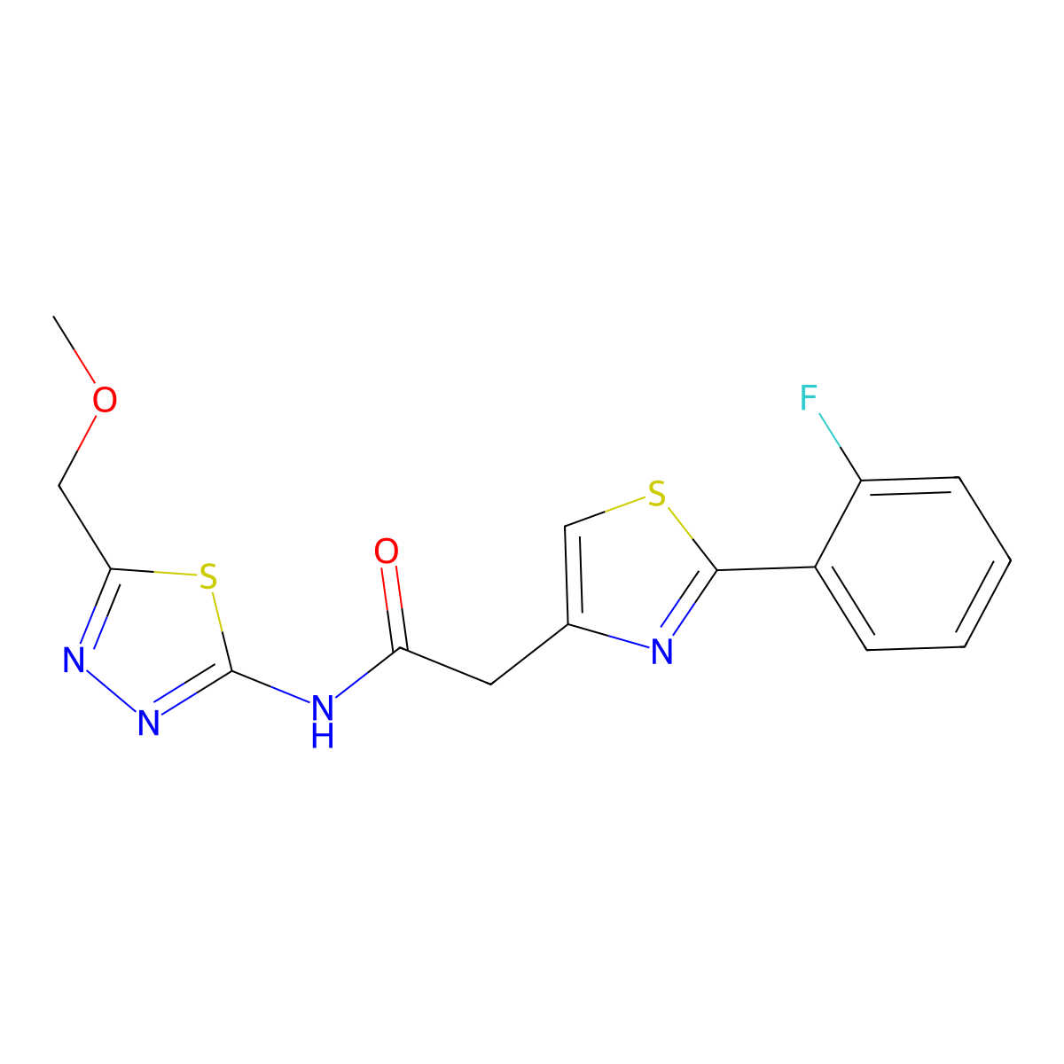 2-[2-(2-fluorophenyl)-1,3-thiazol-4-yl]-N-[(2Z)-5-(methoxymethyl)-1,3,4-thiadiazol-2(3H)-ylidene]acetamide molecular structure, CAS 1190284-66-2