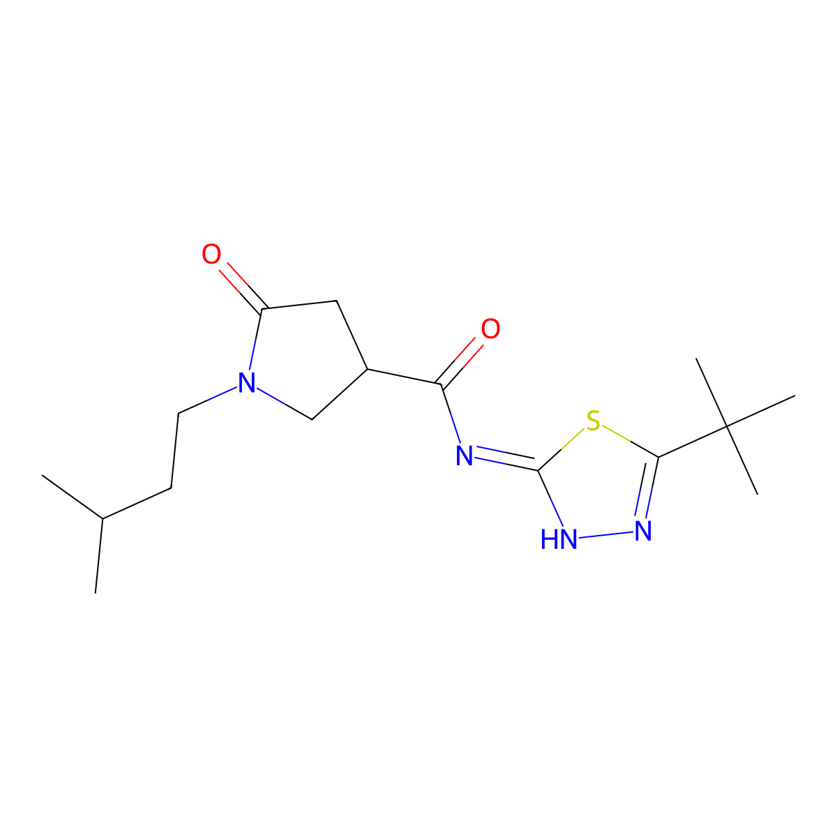 N-[(2Z)-5-tert-butyl-1,3,4-thiadiazol-2(3H)-ylidene]-1-(3-methylbutyl)-5-oxopyrrolidine-3-carboxamide molecular structure, CAS 1190285-13-2