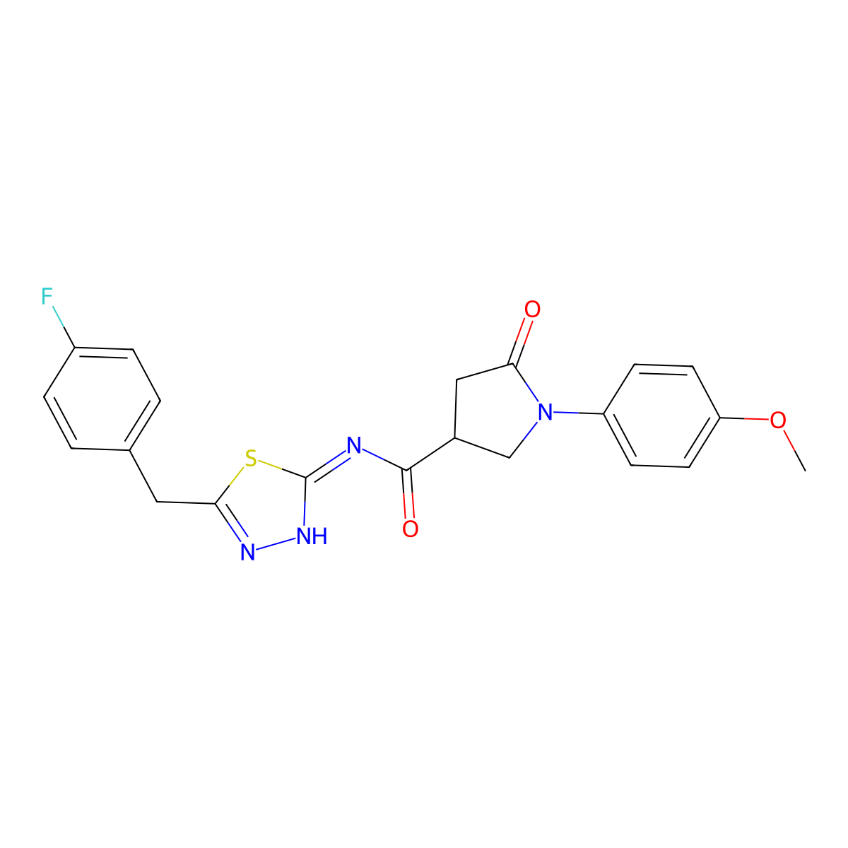 N-[(2E)-5-(4-fluorobenzyl)-1,3,4-thiadiazol-2(3H)-ylidene]-1-(4-methoxyphenyl)-5-oxopyrrolidine-3-carboxamide molecular structure, CAS 1190285-30-3