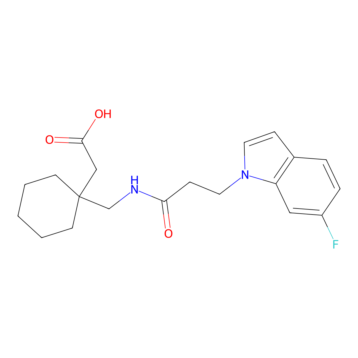 [1-({[3-(6-fluoro-1H-indol-1-yl)propanoyl]amino}methyl)cyclohexyl]acetic acid molecular structure, CAS 1190286-54-4