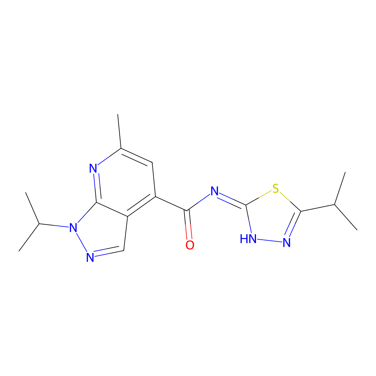 6-methyl-1-(propan-2-yl)-N-[(2E)-5-(propan-2-yl)-1,3,4-thiadiazol-2(3H)-ylidene]-1H-pyrazolo[3,4-b]pyridine-4-carboxamide molecular structure, CAS 1190287-21-8