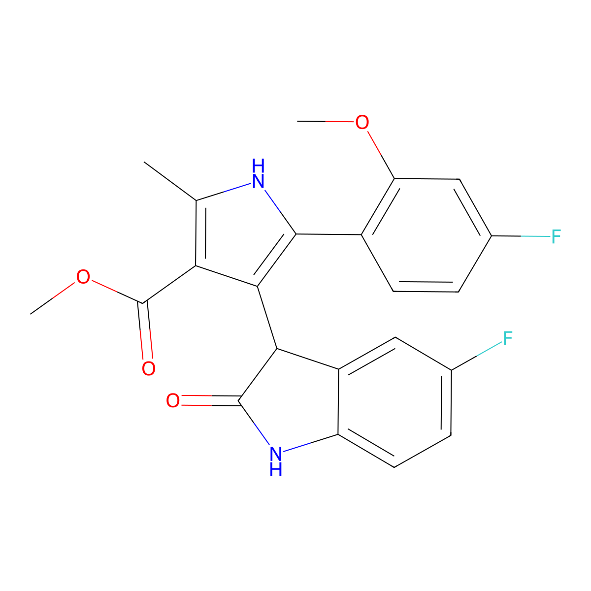 methyl 5-(4-fluoro-2-methoxyphenyl)-4-(5-fluoro-2-oxo-2,3-dihydro-1H-indol-3-yl)-2-methyl-1H-pyrrole-3-carboxylate molecular structure, CAS 1190288-06-2