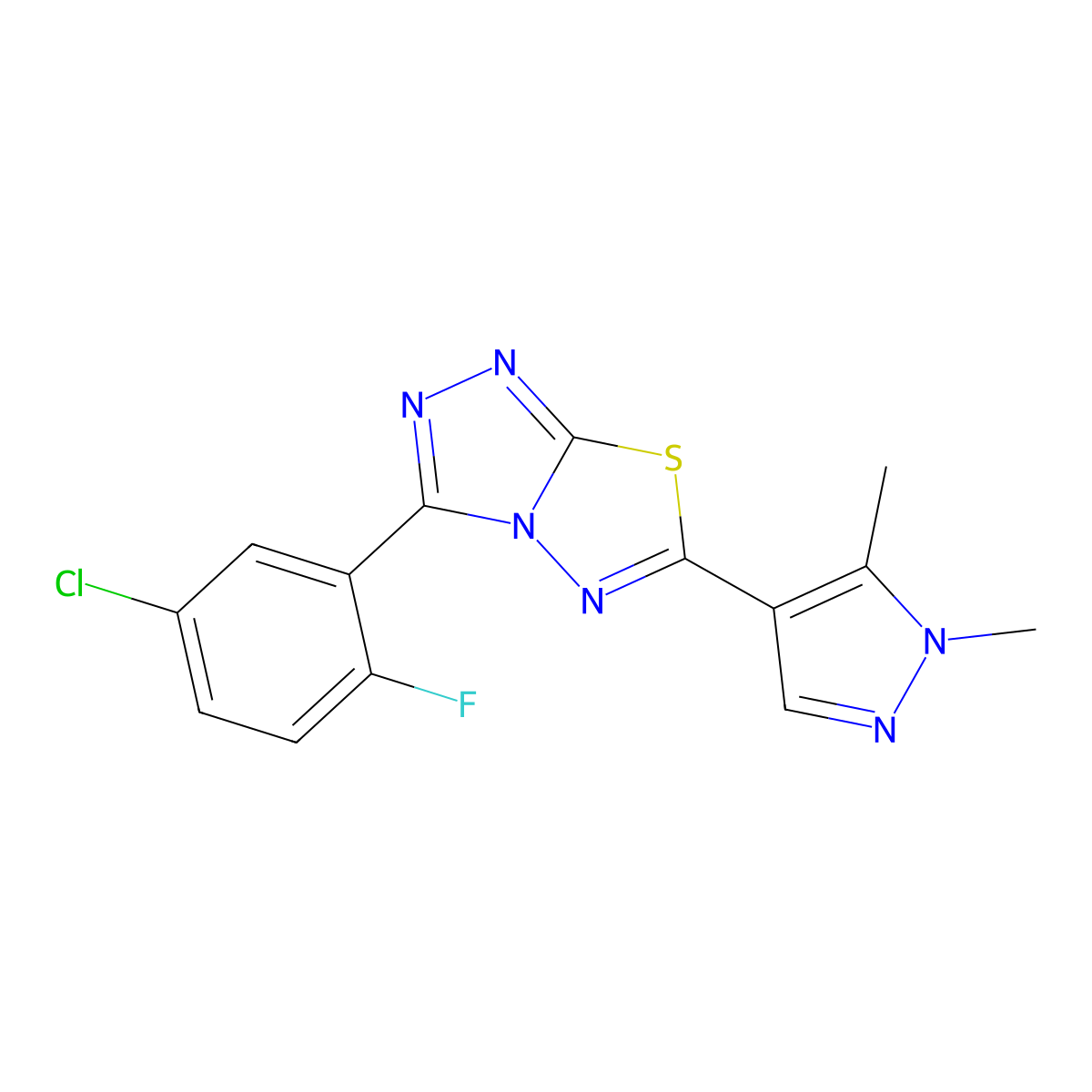 3-(5-chloro-2-fluorophenyl)-6-(1,5-dimethyl-1H-pyrazol-4-yl)[1,2,4]triazolo[3,4-b][1,3,4]thiadiazole molecular structure, CAS 1190288-80-2