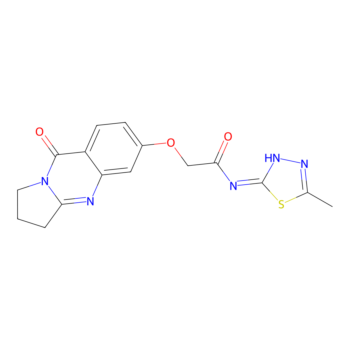 N-[(2E)-5-methyl-1,3,4-thiadiazol-2(3H)-ylidene]-2-[(9-oxo-1,2,3,9-tetrahydropyrrolo[2,1-b]quinazolin-6-yl)oxy]acetamide molecular structure, CAS 1190293-42-5