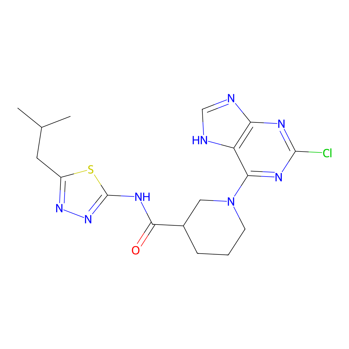 1-(2-chloro-9H-purin-6-yl)-N-[(2E)-5-(2-methylpropyl)-1,3,4-thiadiazol-2(3H)-ylidene]piperidine-3-carboxamide molecular structure, CAS 1190293-60-7