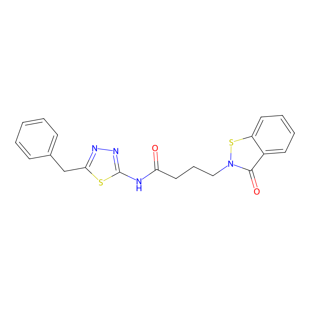 N-[(2Z)-5-benzyl-1,3,4-thiadiazol-2(3H)-ylidene]-4-(3-oxo-1,2-benzothiazol-2(3H)-yl)butanamide molecular structure, CAS 1190296-35-5