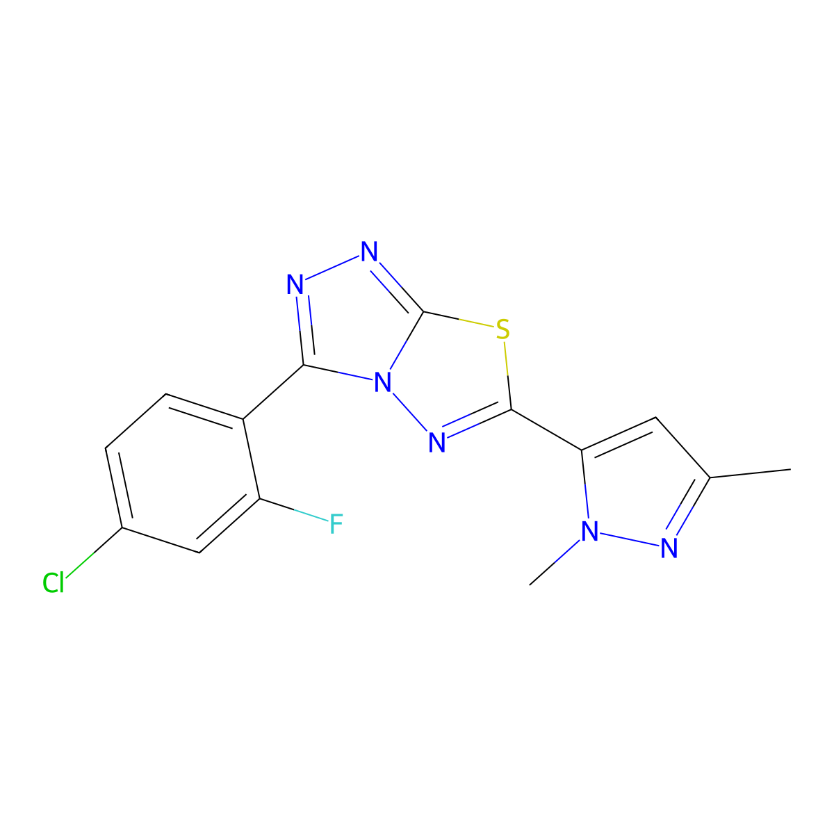 3-(4-chloro-2-fluorophenyl)-6-(1,3-dimethyl-1H-pyrazol-5-yl)[1,2,4]triazolo[3,4-b][1,3,4]thiadiazole molecular structure, CAS 1190296-49-1