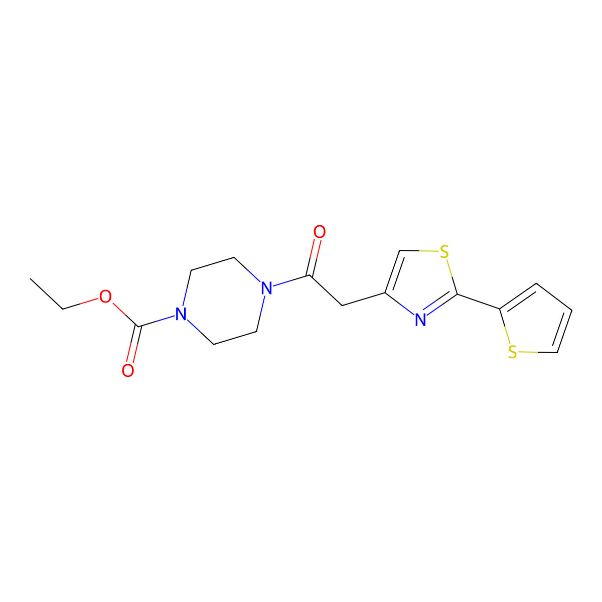 Ethyl 4-{[2-(thiophen-2-yl)-1,3-thiazol-4-yl]acetyl}piperazine-1-carboxylate molecular structure, CAS 1190296-73-1