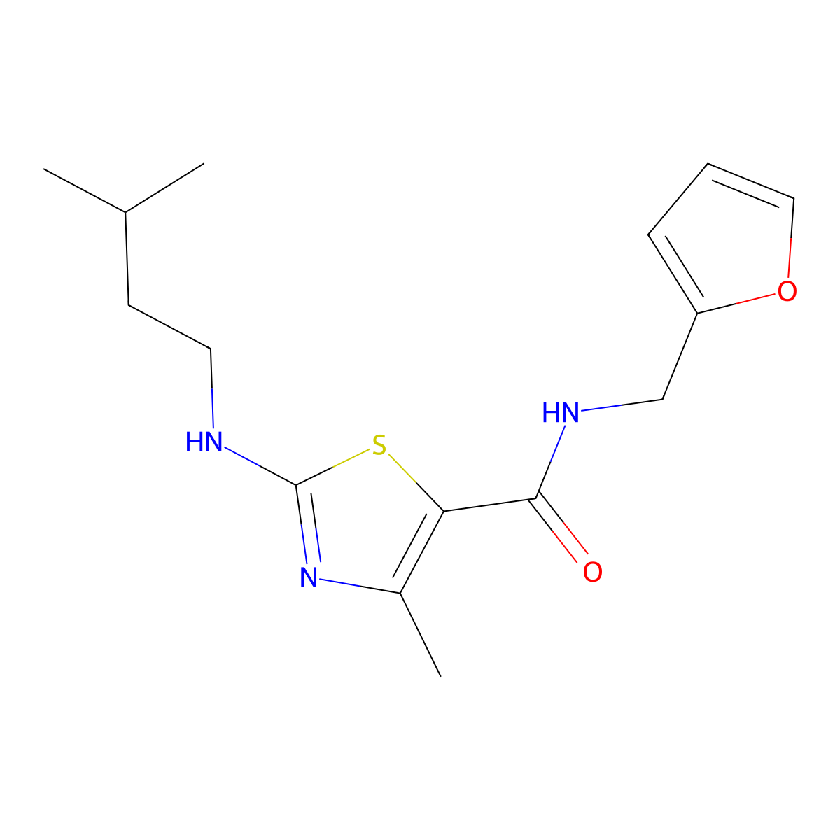 N-(furan-2-ylmethyl)-4-methyl-2-[(3-methylbutyl)amino]-1,3-thiazole-5-carboxamide molecular structure, CAS 1190297-86-9