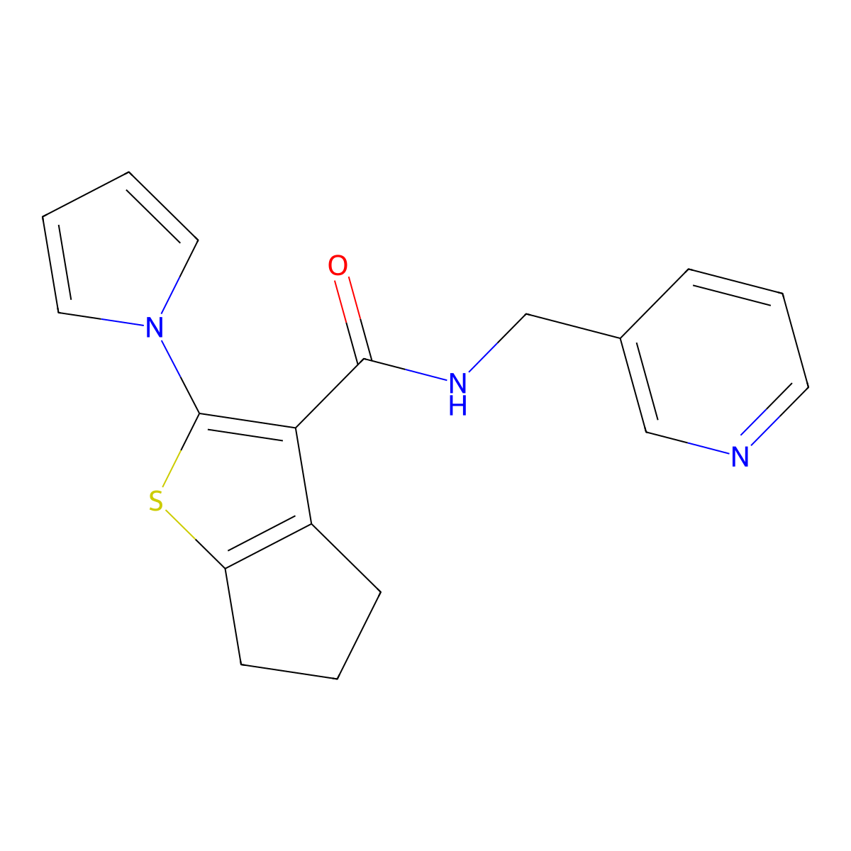 N-(pyridin-3-ylmethyl)-2-(1H-pyrrol-1-yl)-5,6-dihydro-4H-cyclopenta[b]thiophene-3-carboxamide molecular structure, CAS 1190297-90-5