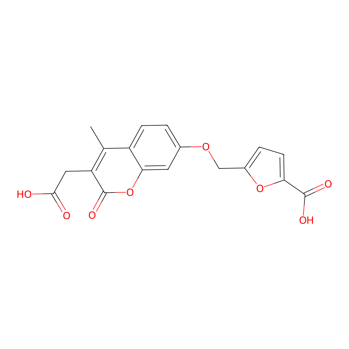 5-({[3-(carboxymethyl)-4-methyl-2-oxo-2H-chromen-7-yl]oxy}methyl)-2-furoic acid molecular structure, CAS 1190298-73-7