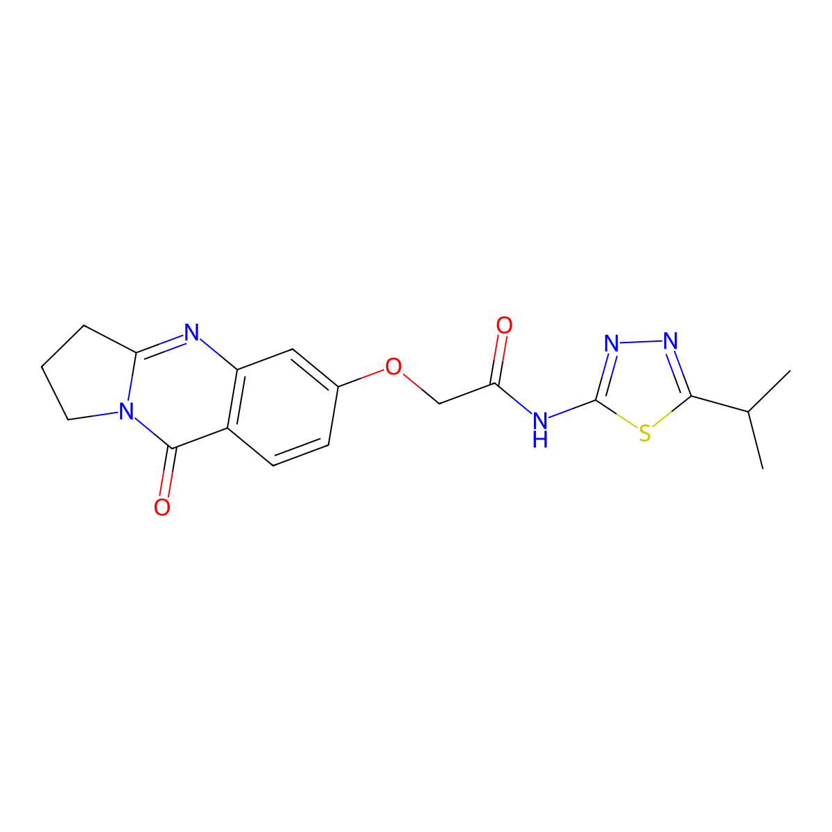 2-[(9-oxo-1,2,3,9-tetrahydropyrrolo[2,1-b]quinazolin-6-yl)oxy]-N-[(2E)-5-(propan-2-yl)-1,3,4-thiadiazol-2(3H)-ylidene]acetamide molecular structure, CAS 1190299-16-1