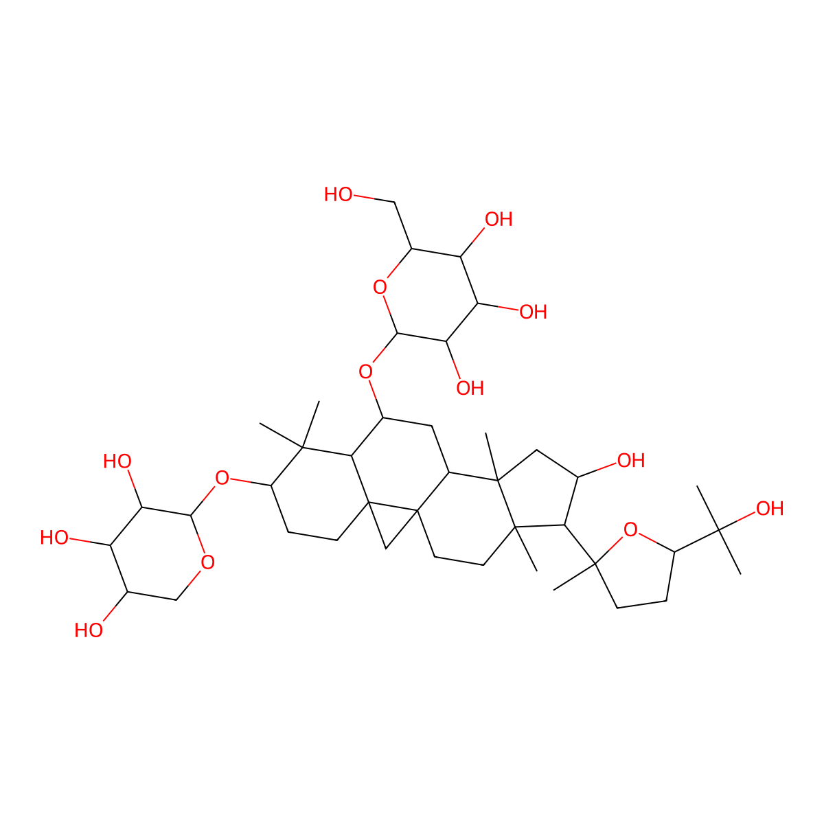 (2R,3R,4S,5S,6R)-2-(((2aR,3R,4R,5aS,7R,11aR)-4-hydroxy-3-((2R,5S)-5-(2-hydroxypropan-2-yl)-2-methyltetrahydrofuran-2-yl)-2a,5a,8,8-tetramethyl-9-(((2S,3R,4S,5R)-3,4,5-trihydroxytetrahydro-2H-pyran-2-yl)oxy)hexadecahydrocyclopenta[a]cyclopropa[e]phenanthren-7-yl)oxy)-6-(hydroxymethyl)tetrahydro-2H-pyran-3,4,5-triol. molecular structure, CAS 1191113-50-4