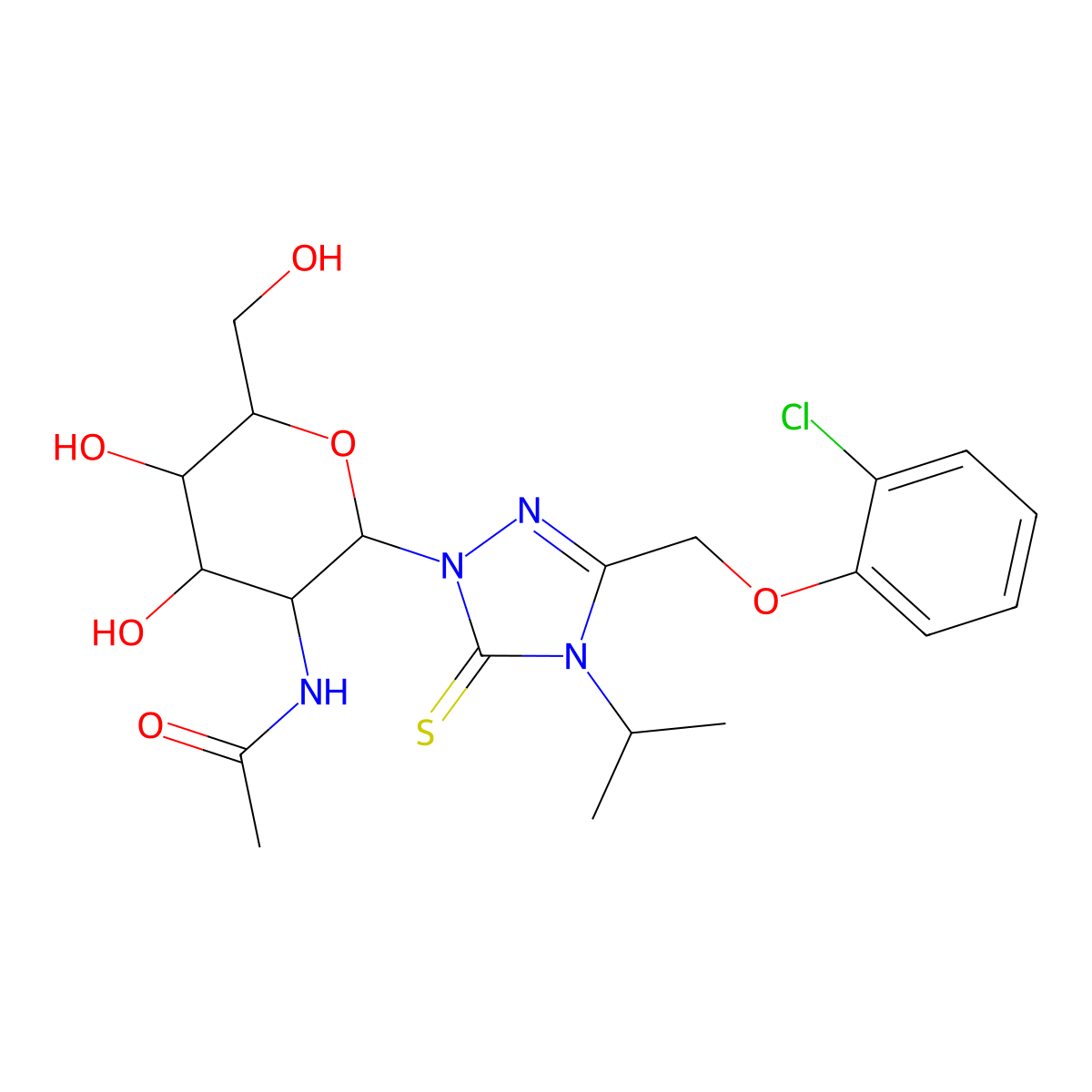 2-[2-(acetylamino)-2-deoxyhexopyranosyl]-5-[(2-chlorophenoxy)methyl]-4-(propan-2-yl)-2,4-dihydro-3H-1,2,4-triazole-3-thione molecular structure, CAS 1191420-98-0