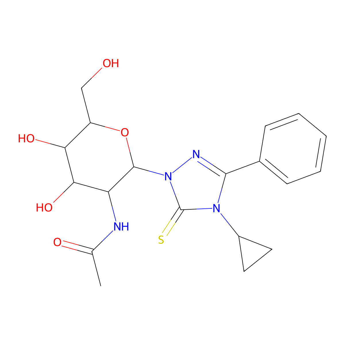 N-(2-(4-cyclopropyl-3-phenyl-5-thioxo-4,5-dihydro-1H-1,2,4-triazol-1-yl)-4,5-dihydroxy-6-(hydroxymethyl)tetrahydro-2H-pyran-3-yl)acetamide molecular structure, CAS 1191420-99-1