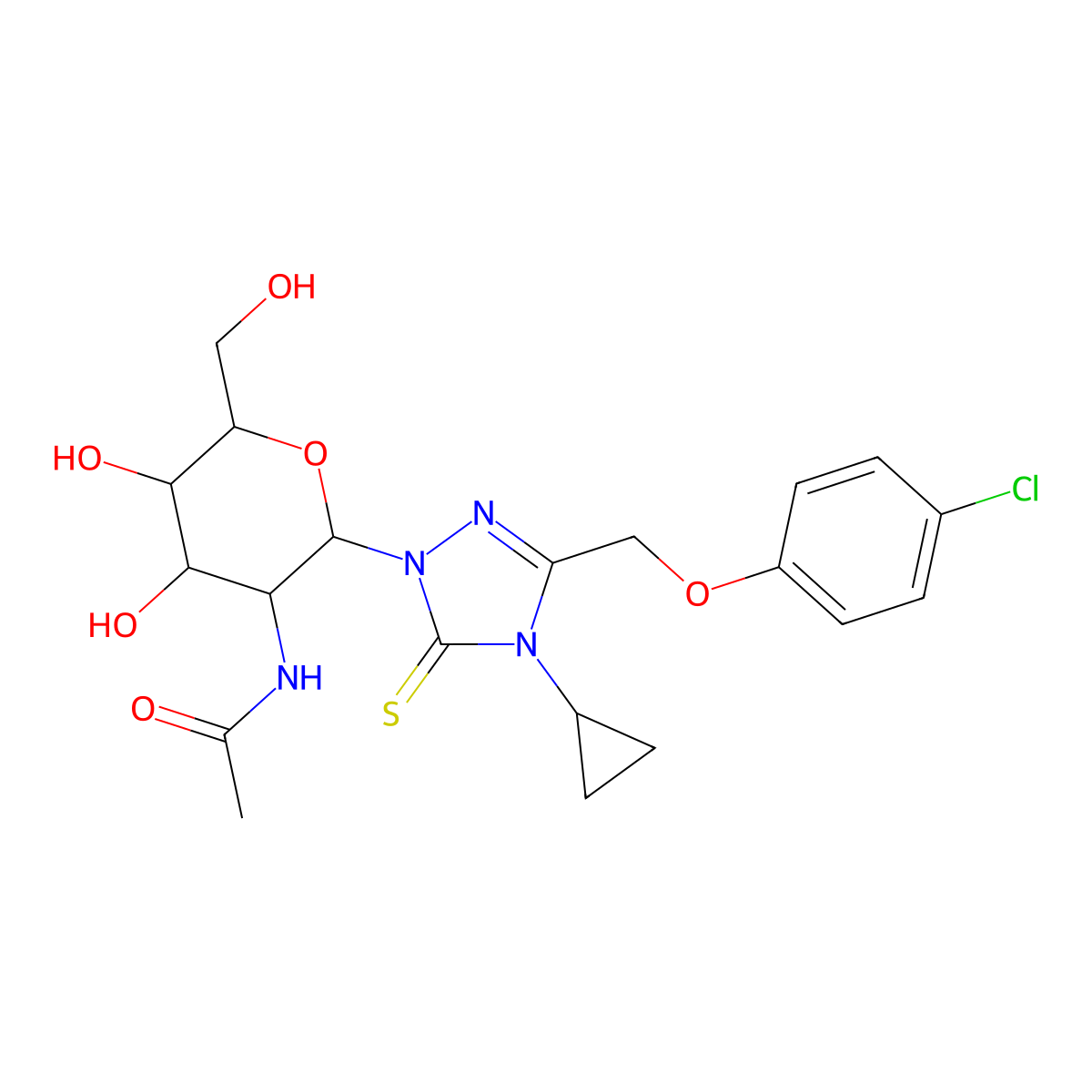 N-(2-(3-((4-chlorophenoxy)methyl)-4-cyclopropyl-5-thioxo-4,5-dihydro-1H-1,2,4-triazol-1-yl)-4,5-dihydroxy-6-(hydroxymethyl)tetrahydro-2H-pyran-3-yl)acetamide molecular structure, CAS 1191438-06-8