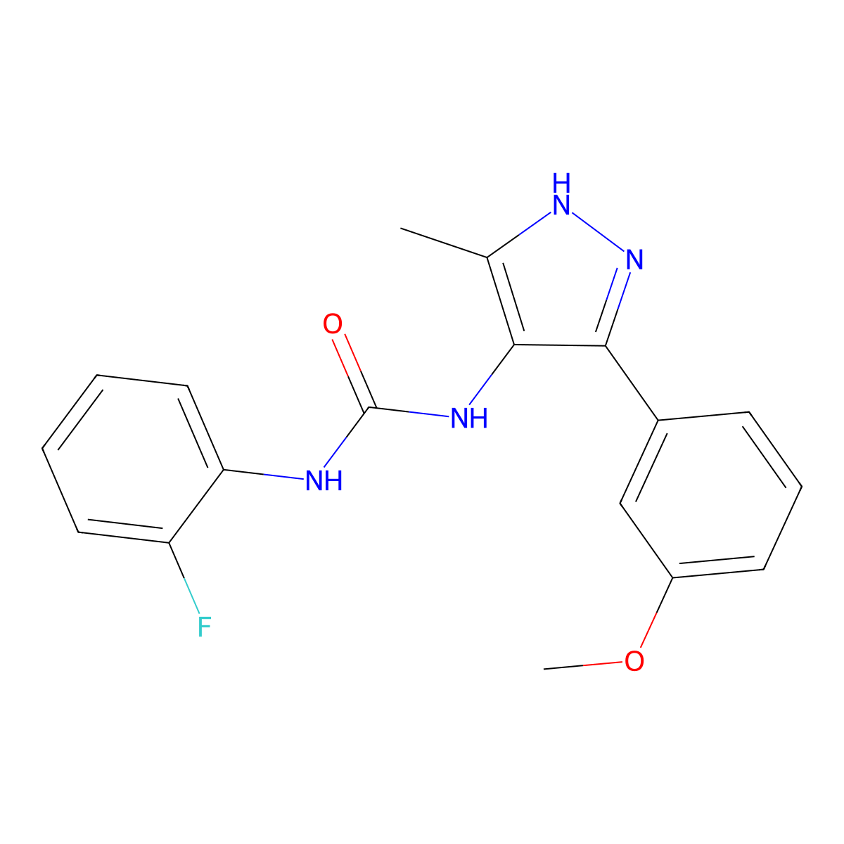 N-(2-fluorophenyl)-N'-[3-(3-methoxyphenyl)-5-methyl-1H-pyrazol-4-yl]urea molecular structure, CAS 1191451-35-0