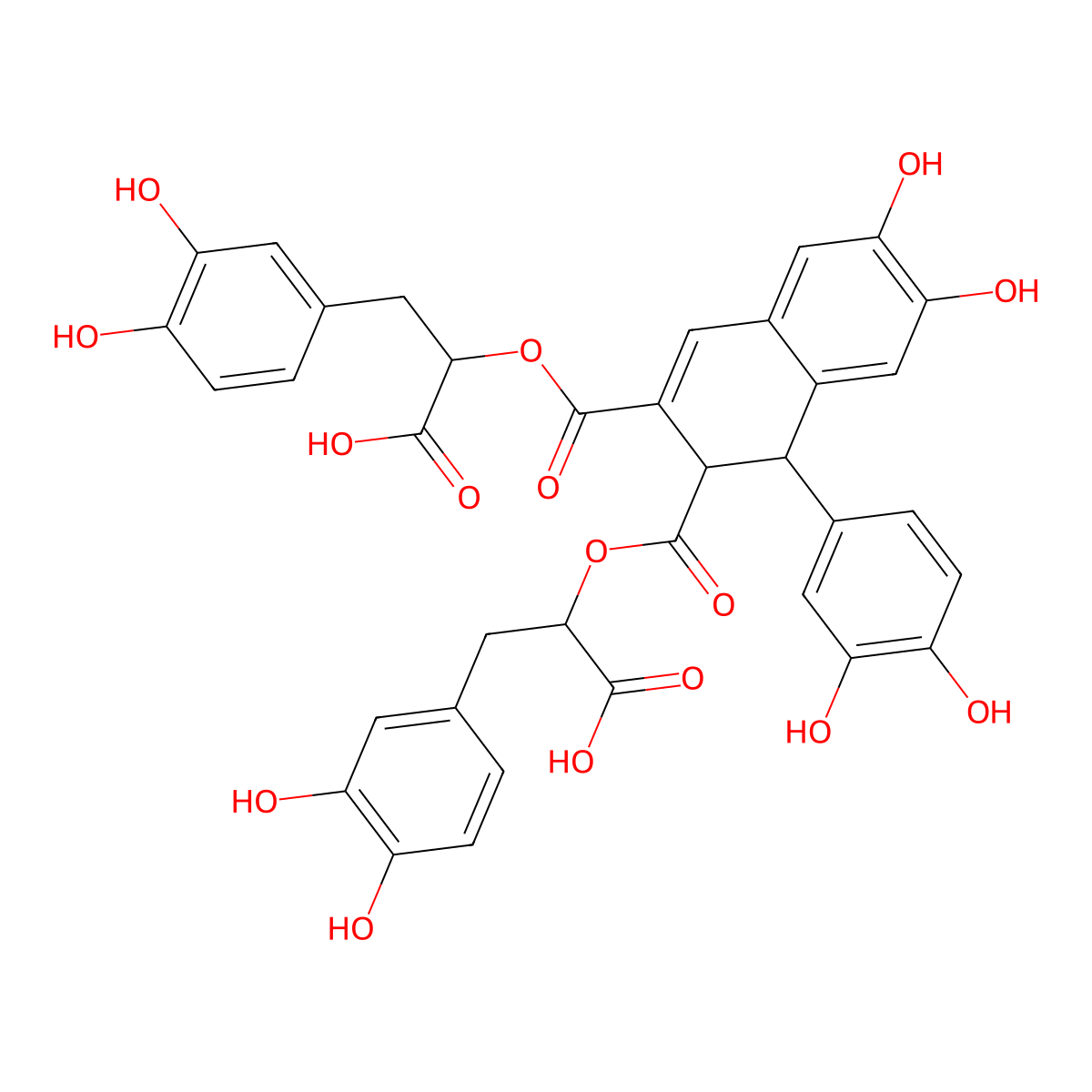 2,3-Naphthalenedicarboxylic acid, 1-(3,4-dihydroxyphenyl)-1,2-dihydro-6,7-dihydroxy-, bis((1R)-1-carboxy-2-(3,4-dihydroxyphenyl)ethyl) ester,(1R,2S)- molecular structure, CAS 119152-54-4