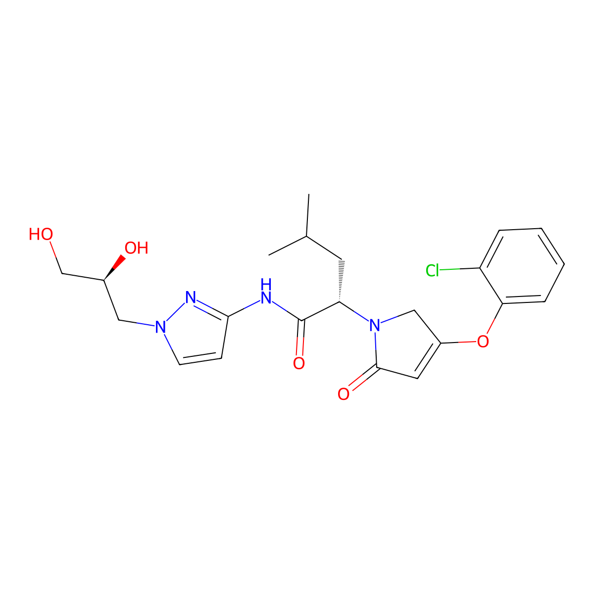 (S)-2-(4-(2-Chlorophenoxy)-2-oxo-2,5-dihydro-1H-pyrrol-1-yl)-N-(1-((S)-2,3-dihydroxypropyl)-1H-pyrazol-3-yl)-4-methylpentanamide molecular structure, CAS 1191996-10-7