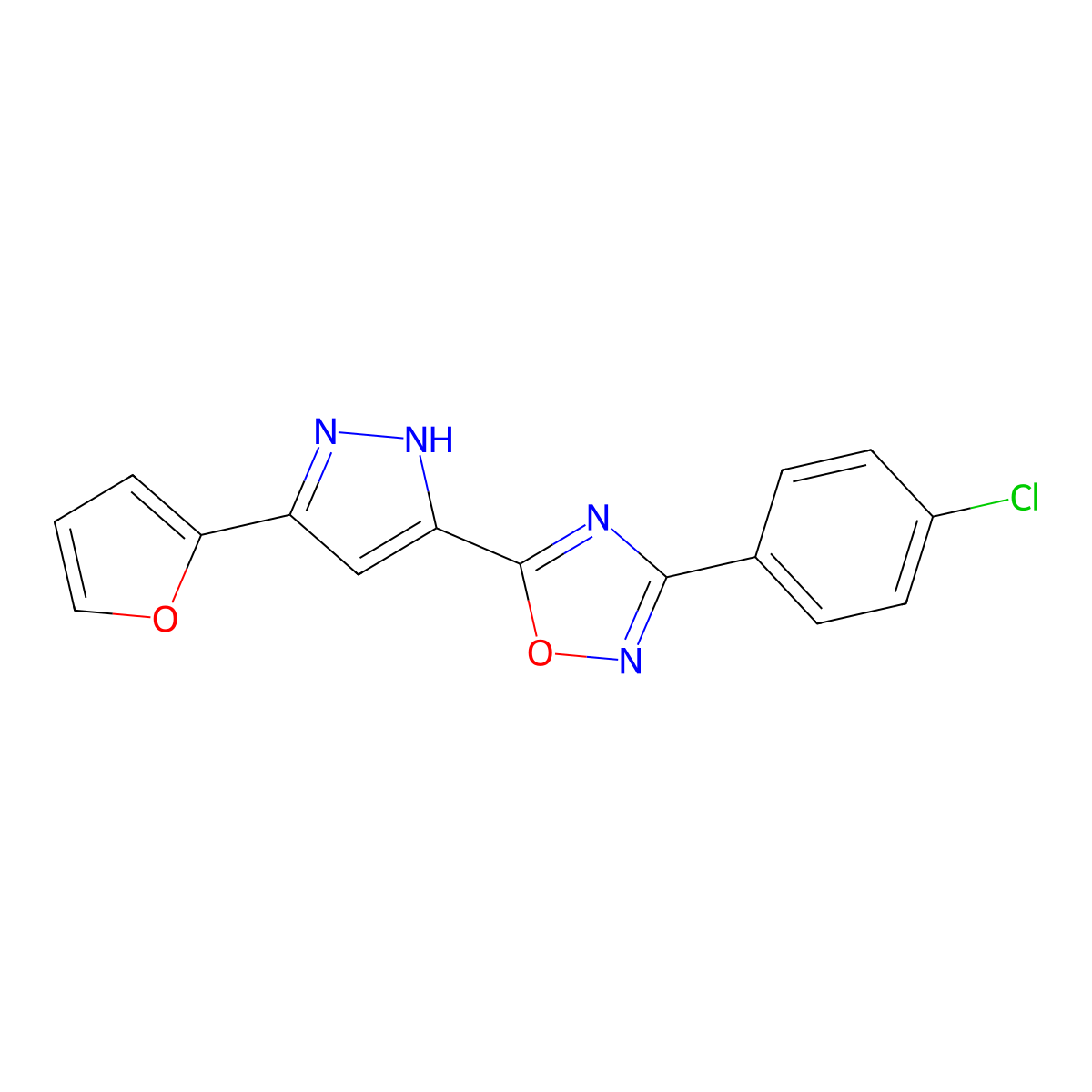 3-(4-chlorophenyl)-5-(3-(furan-2-yl)-1H-pyrazol-5-yl)-1,2,4-oxadiazole molecular structure, CAS 1192220-20-4