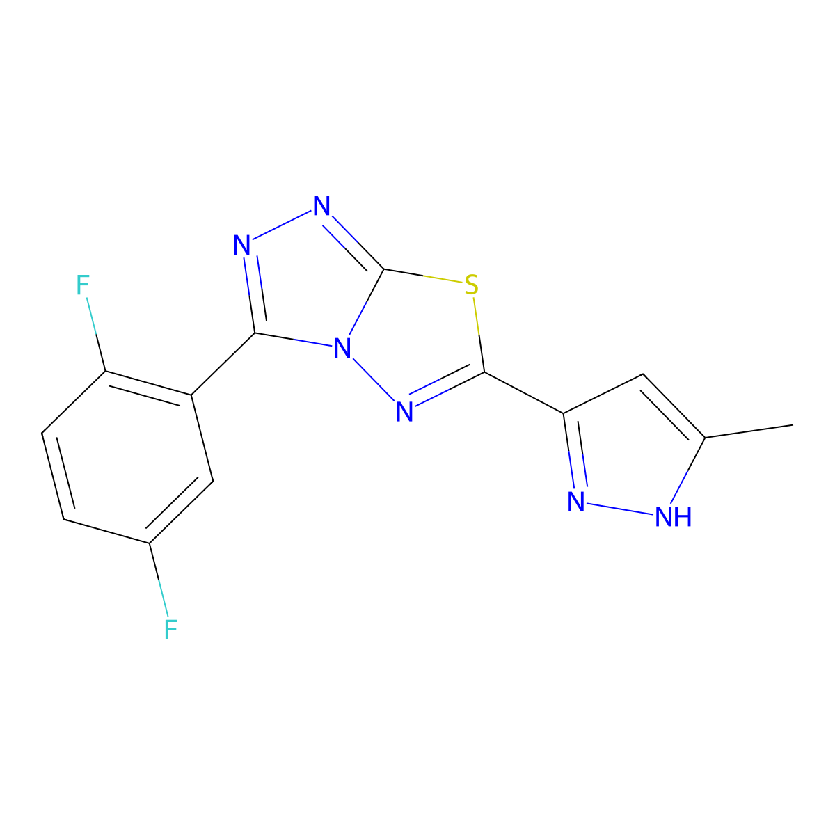3-(2,5-difluorophenyl)-6-(5-methyl-1H-pyrazol-3-yl)[1,2,4]triazolo[3,4-b][1,3,4]thiadiazole molecular structure, CAS 1192220-30-6