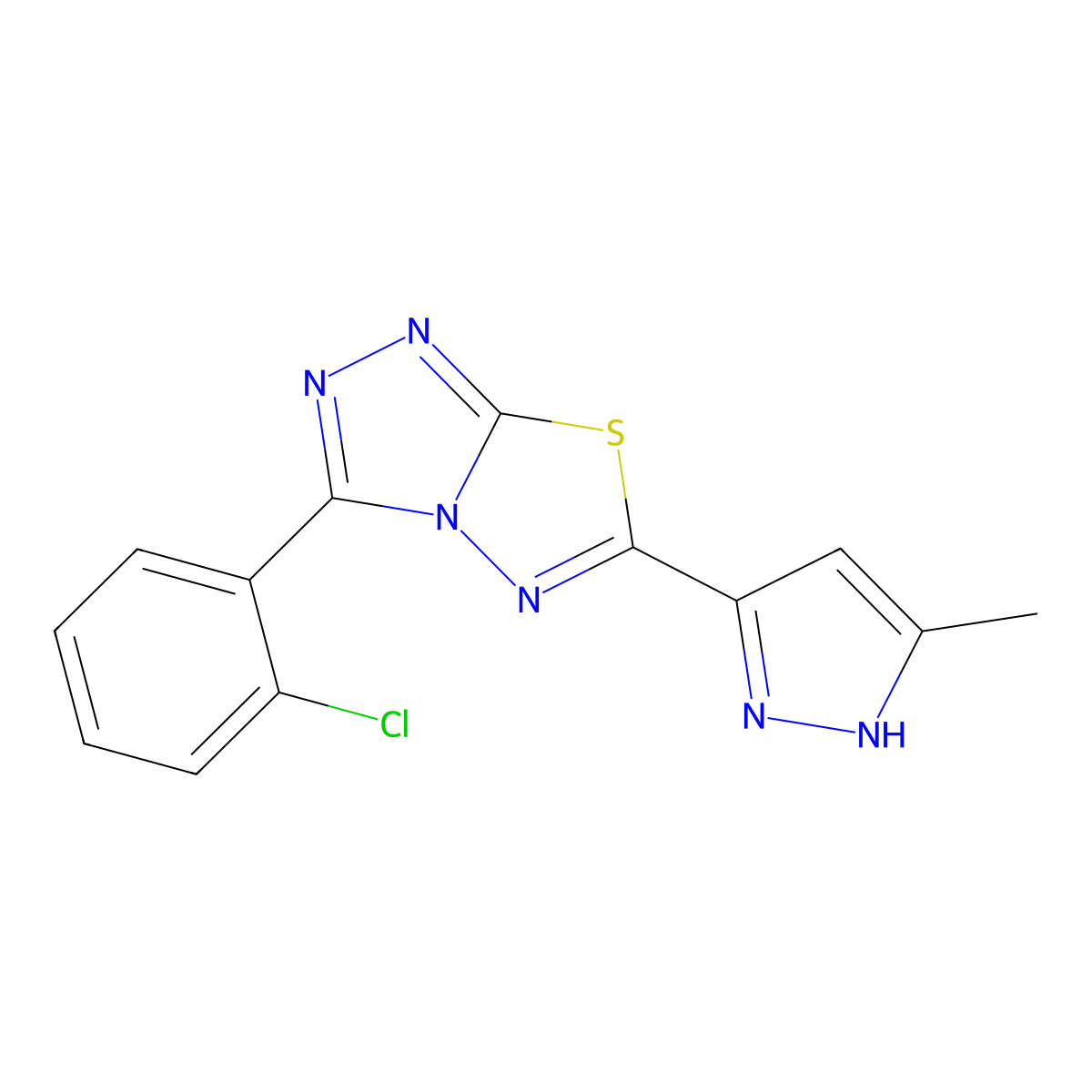 3-[3-(2-Chlorophenyl)-[1,2,4]triazolo[3,4-b][1,3,4]thiadiazol-6-yl]-5-methyl-1H-pyrazole molecular structure, CAS 1192220-37-3