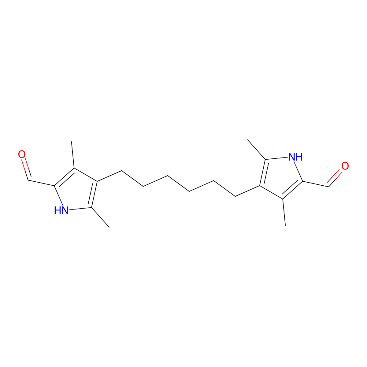 4-[6-(5-formyl-2,4-dimethyl-1H-pyrrol-3-yl)hexyl]-3,5-dimethyl-1H-pyrrole-2-carbaldehyde molecular structure, CAS 119233-26-0