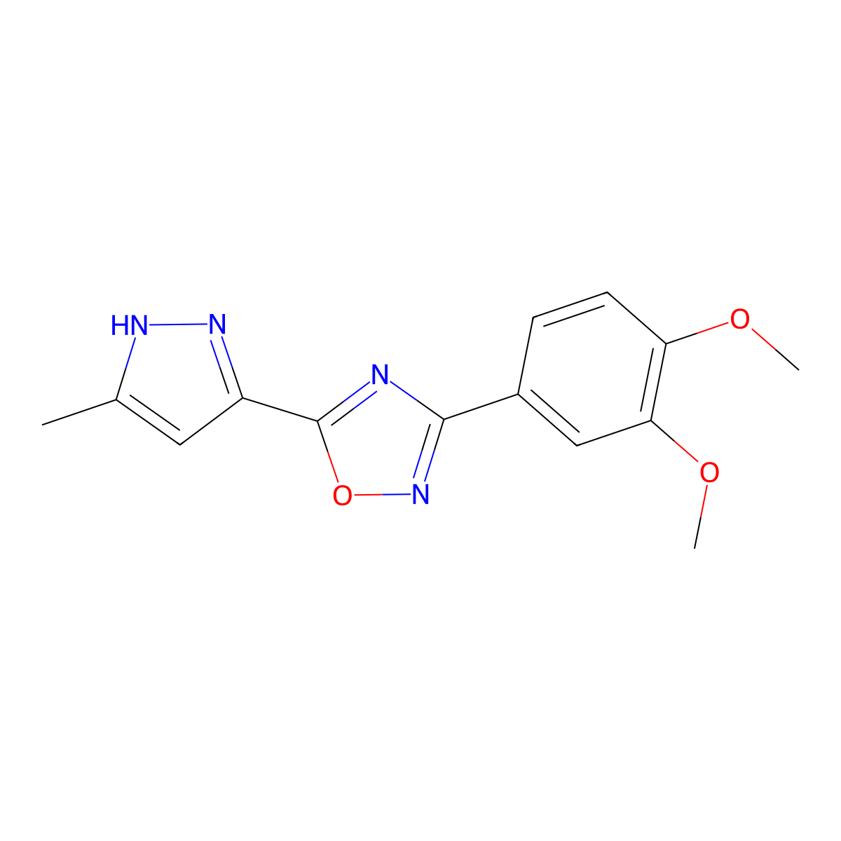 3-(3,4-dimethoxyphenyl)-5-(3-methyl-1H-pyrazol-5-yl)-1,2,4-oxadiazole molecular structure, CAS 1192487-61-8