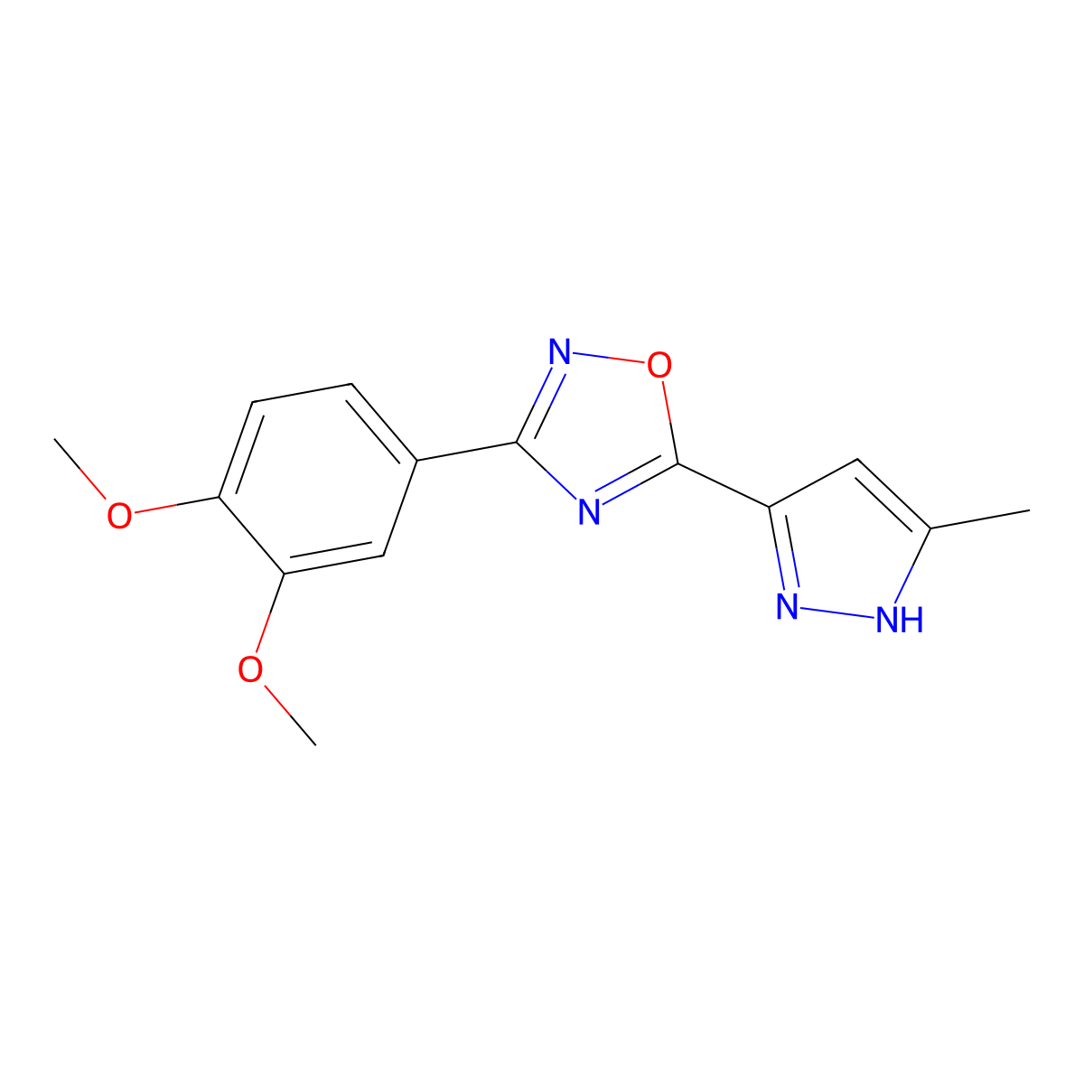 3-(3,4-dimethoxyphenyl)-5-(3-methyl-1H-pyrazol-5-yl)-1,2,4-oxadiazole molecular structure, CAS 1192487-61-8