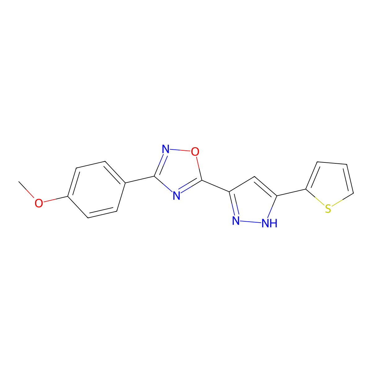 3-(4-methoxyphenyl)-5-(3-(thiophen-2-yl)-1H-pyrazol-5-yl)-1,2,4-oxadiazole molecular structure, CAS 1192487-85-6