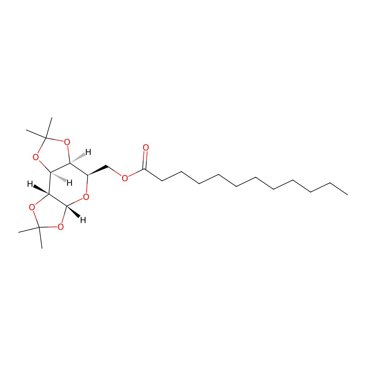 ((3aR,5R,5aS,8aS,8bR)-2,2,7,7-tetramethyltetrahydro-3aH-bis([1,3]dioxolo)[4,5-b:4',5'-d]pyran-5-yl)methyl dodecanoate molecular structure, CAS 119249-39-7