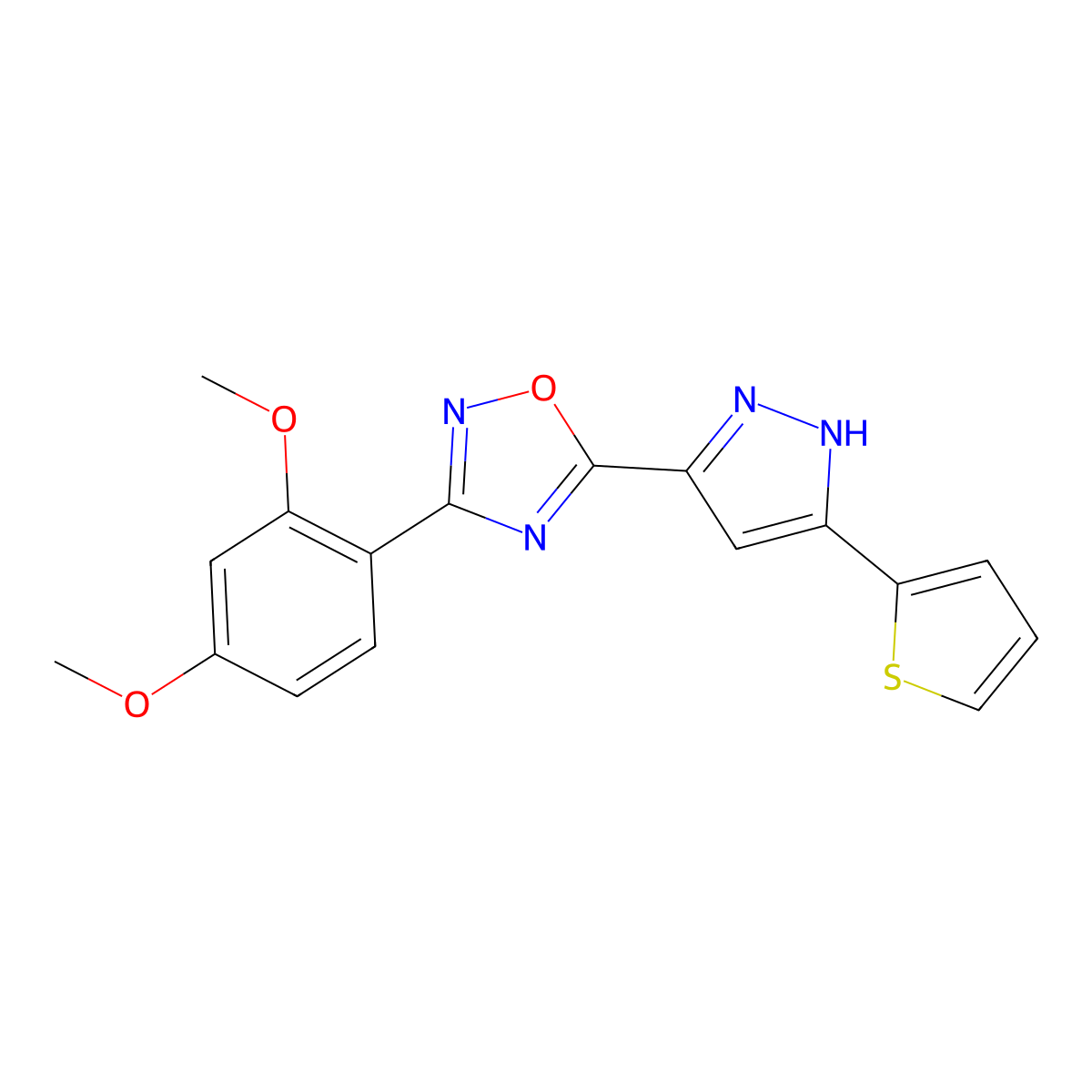 3-(2,4-dimethoxyphenyl)-5-(3-(thiophen-2-yl)-1H-pyrazol-5-yl)-1,2,4-oxadiazole molecular structure, CAS 1192556-04-9