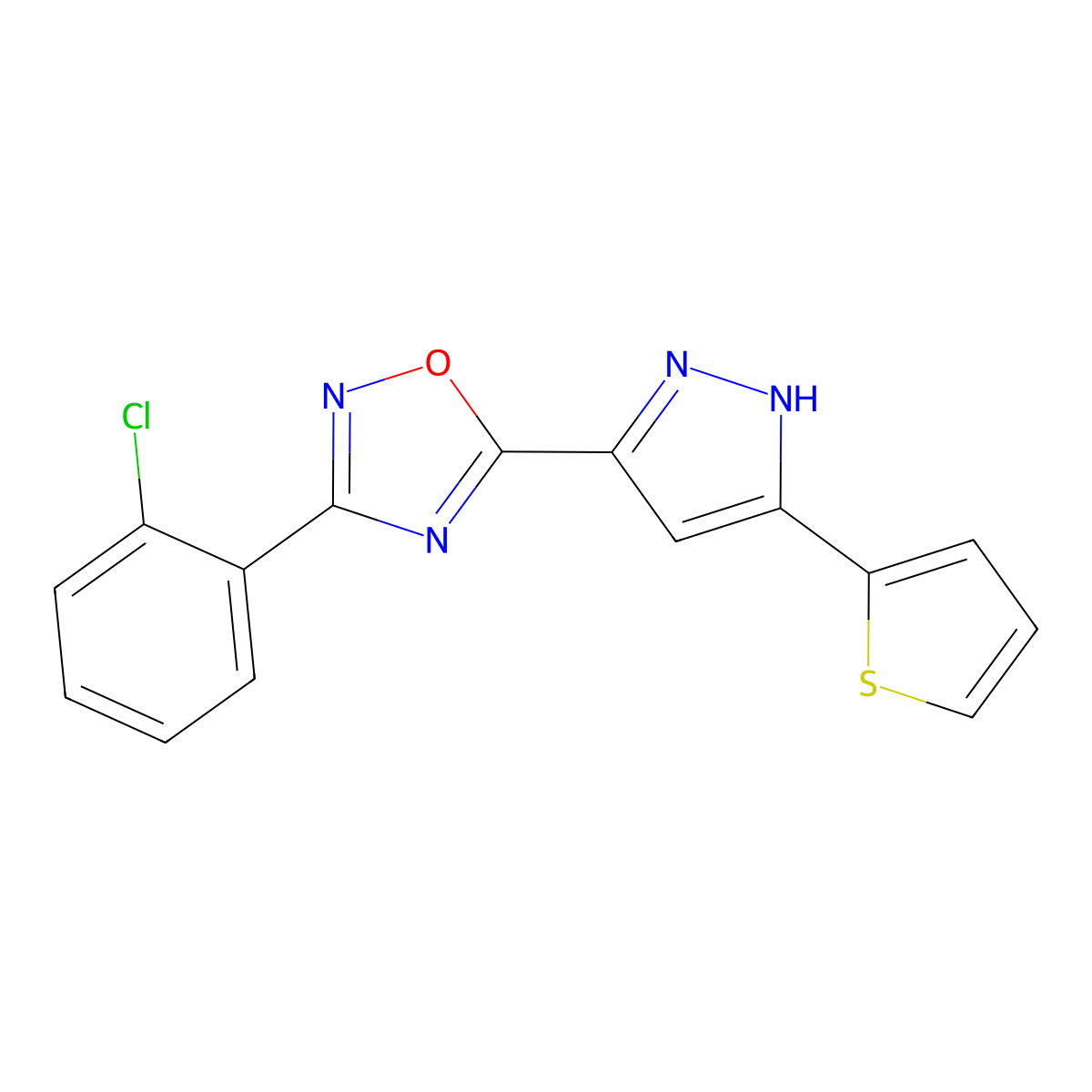 3-(2-chlorophenyl)-5-(3-(thiophen-2-yl)-1H-pyrazol-5-yl)-1,2,4-oxadiazole molecular structure, CAS 1192556-14-1