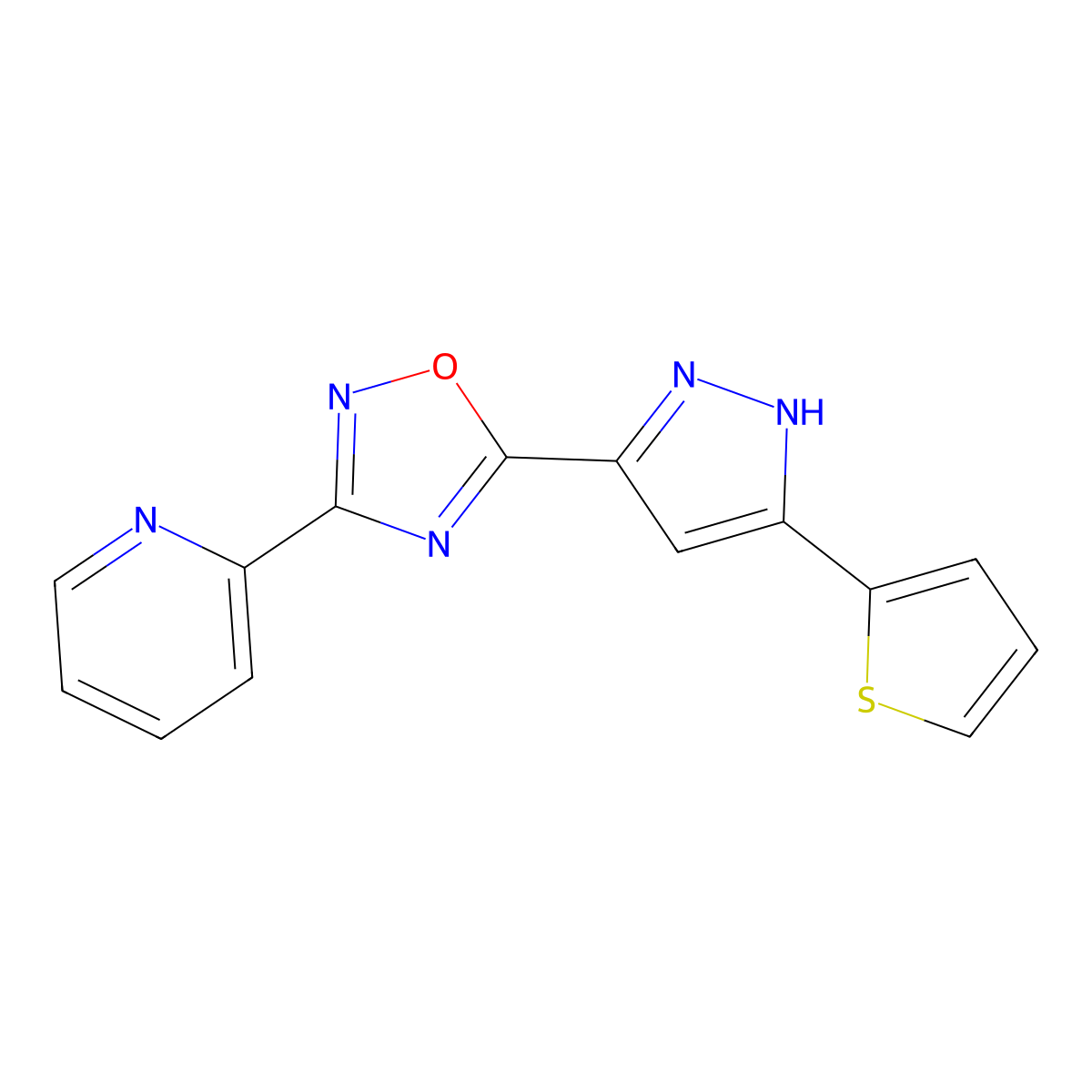 3-(pyridin-2-yl)-5-(3-(thiophen-2-yl)-1H-pyrazol-5-yl)-1,2,4-oxadiazole molecular structure, CAS 1192556-17-4