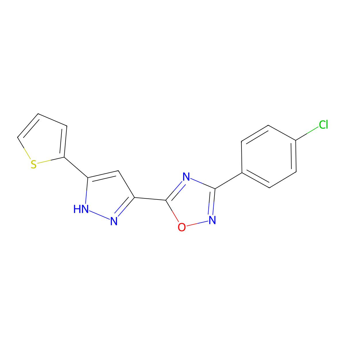 3-(4-chlorophenyl)-5-(3-(thiophen-2-yl)-1H-pyrazol-5-yl)-1,2,4-oxadiazole molecular structure, CAS 1192556-49-2