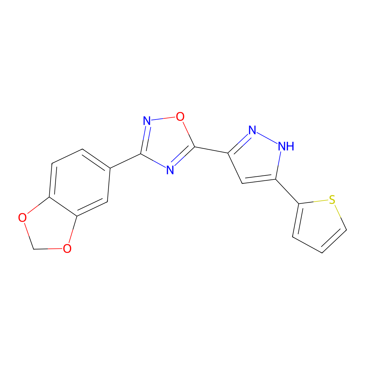 3-(benzo[d][1,3]dioxol-5-yl)-5-(3-(thiophen-2-yl)-1H-pyrazol-5-yl)-1,2,4-oxadiazole molecular structure, CAS 1192556-96-9