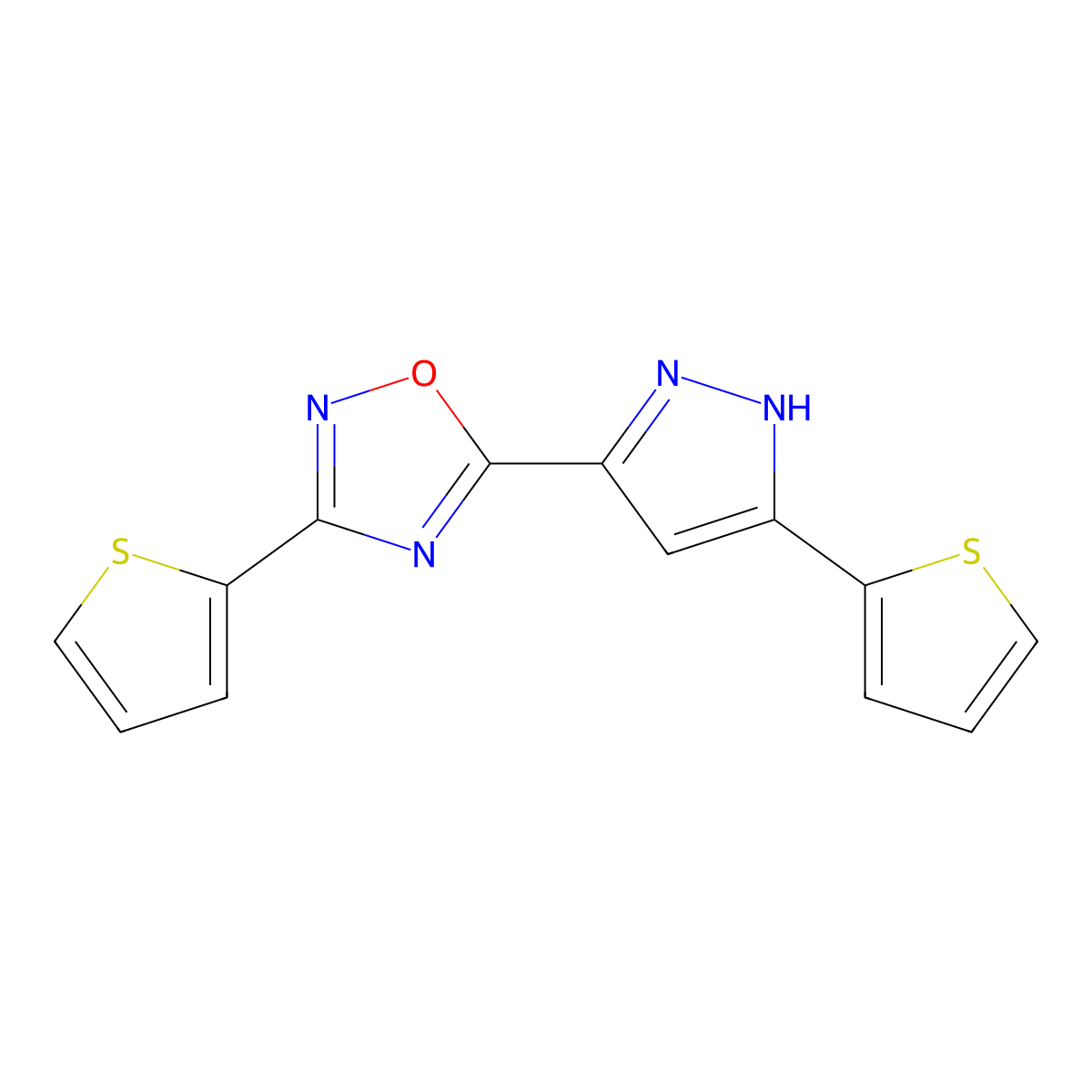 3-(thiophen-2-yl)-5-(3-(thiophen-2-yl)-1H-pyrazol-5-yl)-1,2,4-oxadiazole molecular structure, CAS 1192556-97-0